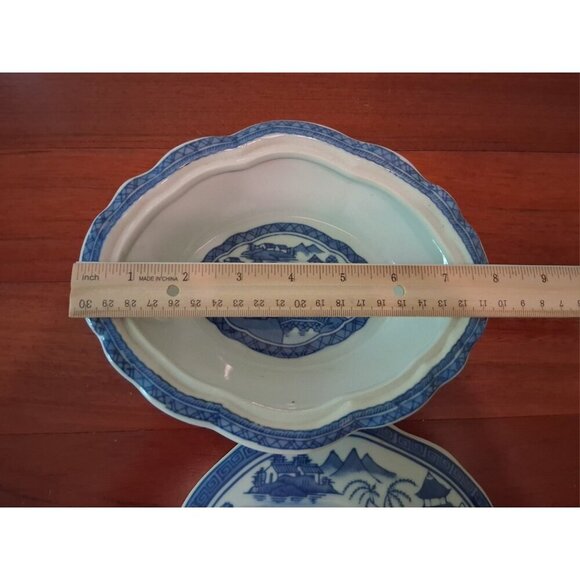 Blue and White Lidded Dish Butterfly Handle Canton Chincoserie 8 x 6.5 In - Picture 6 of 9